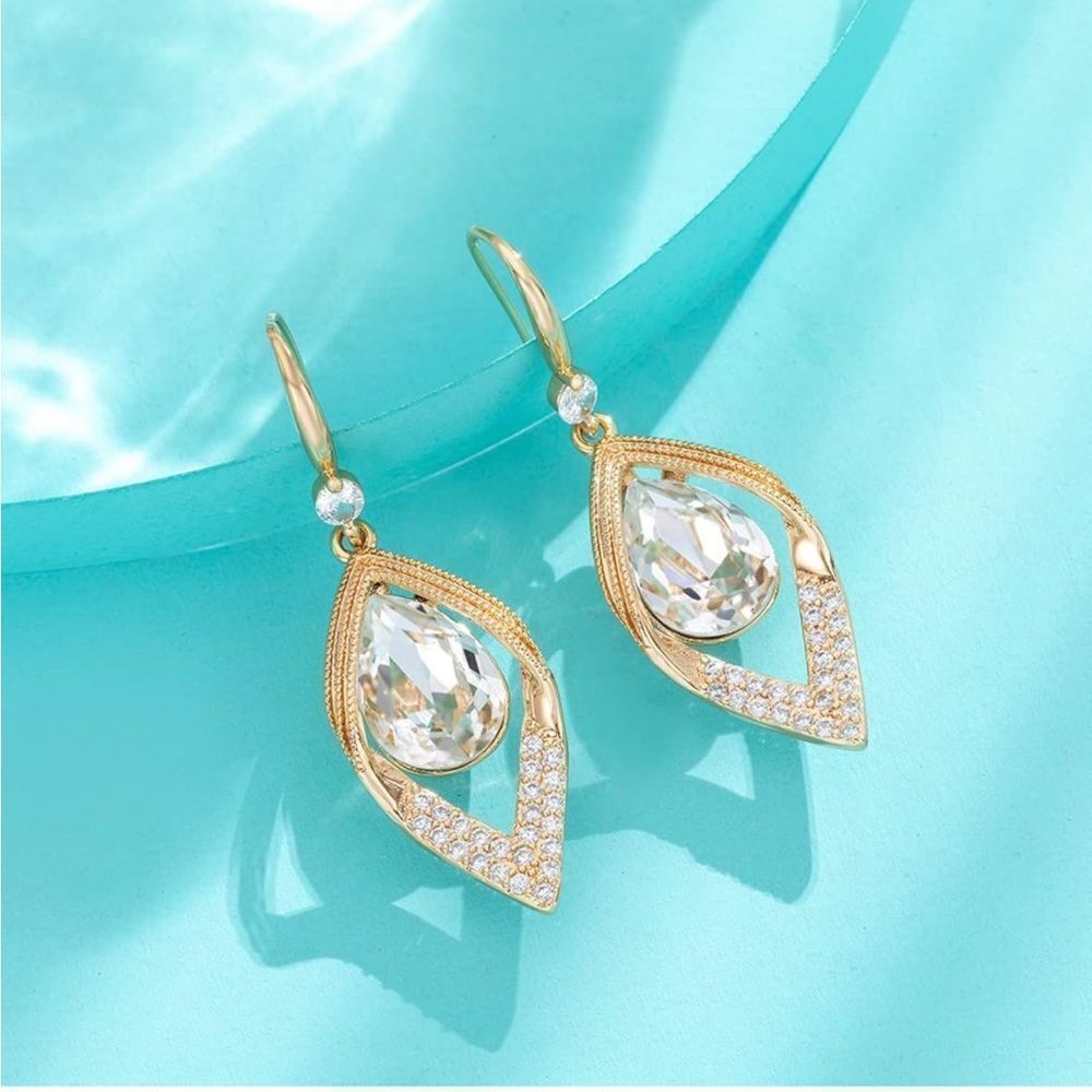 14K Yellow Gold with White Diamond Austrian Crystal Halo Leaf Teardrop Earrings - Picture 2 of 7